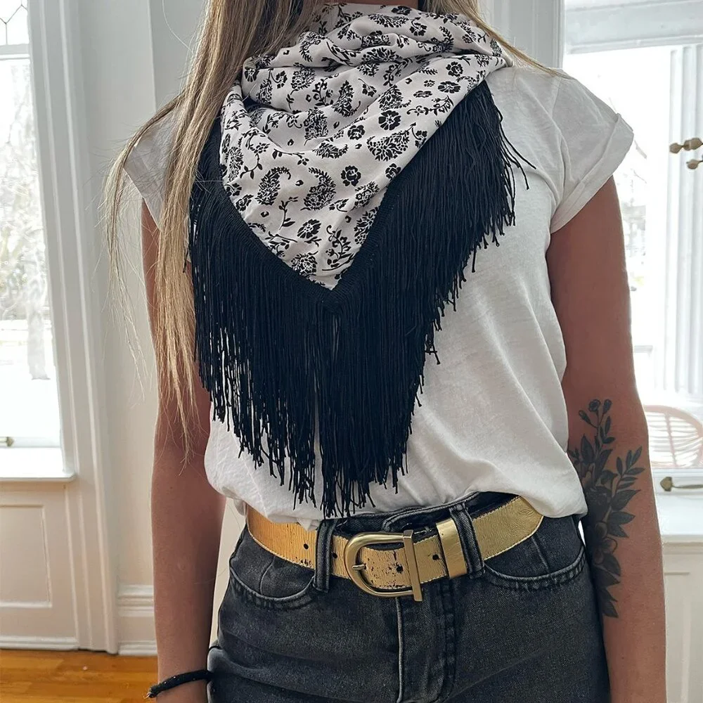 Boho Printed Scarf with Fringes – Black & White